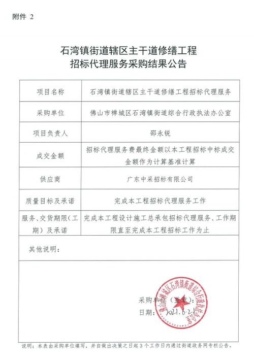 石湾镇街道辖区主干道修缮工程招标代理服务采购结果公告